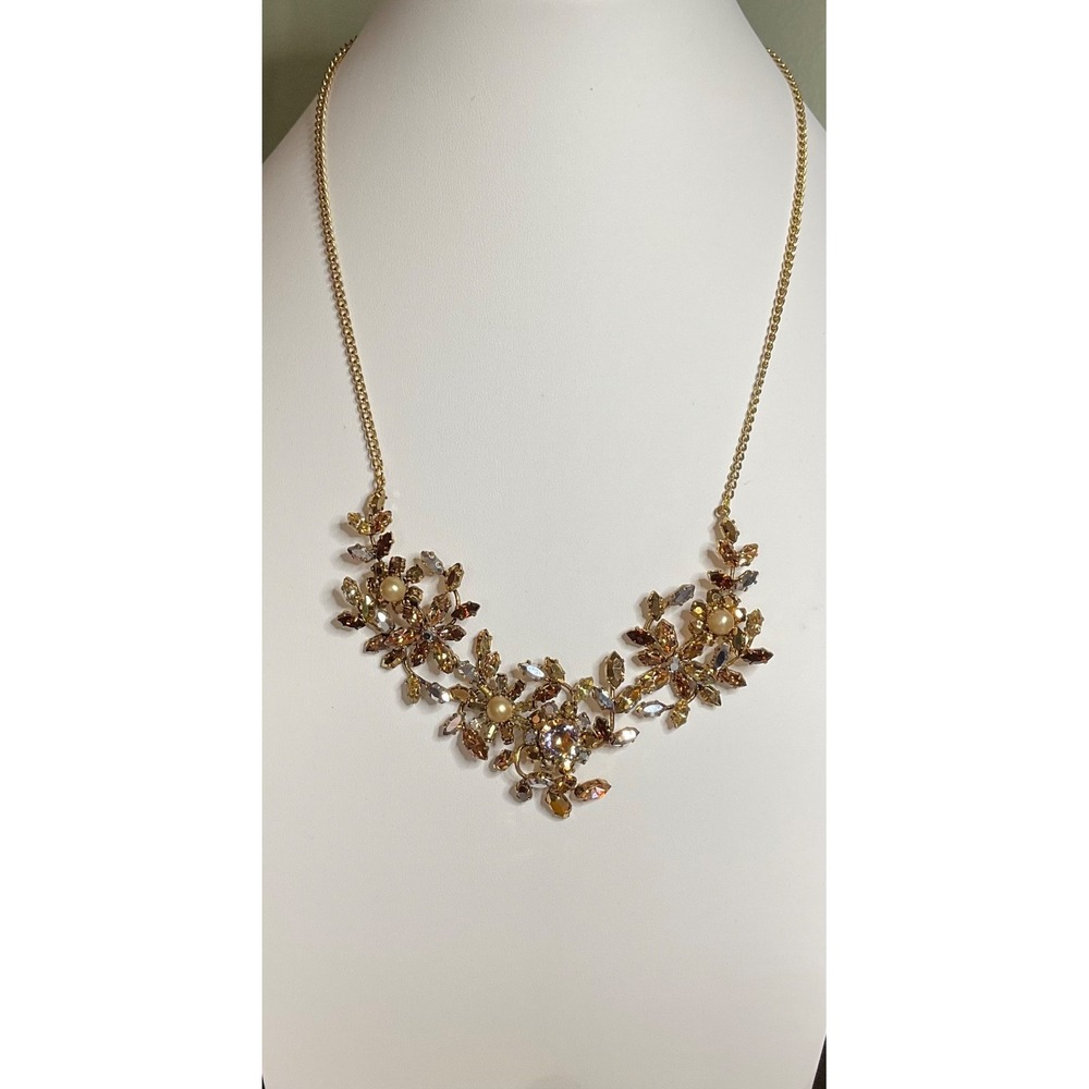 Vintage "Fall/Autumn" 20" Bib Necklace Made InAustria, Faux Citrine, Faux Pearls